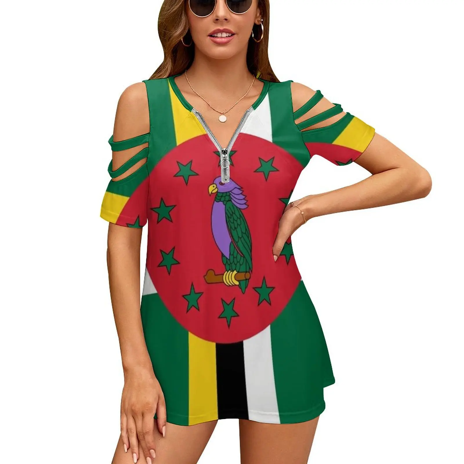 Flag Of Dominica New Fashion Zip Off Shoulder Top Short-Sleeve Women Shirt Flag Of Dominica Dominica