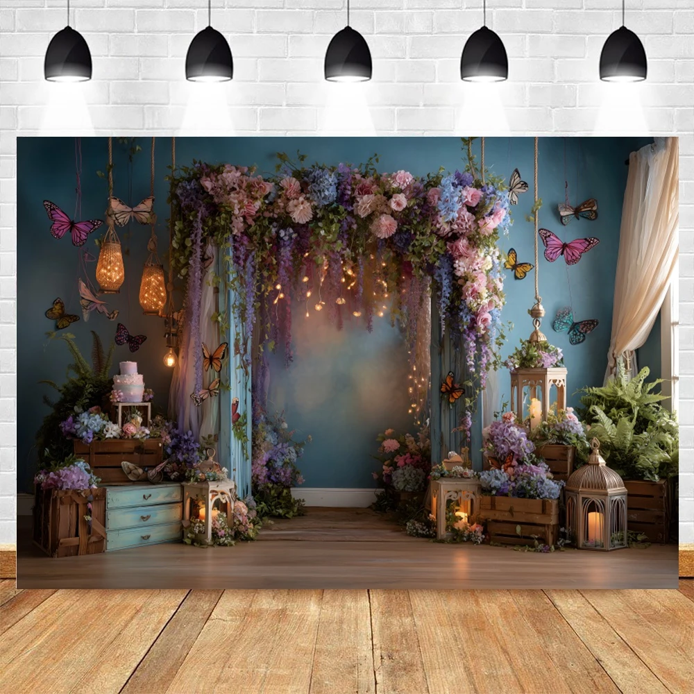 Floral Butterfly Birthday Photography Backdrops Fairy Tent Flower Watercolor Wall Romantic Girl Baby Party Decoration Background