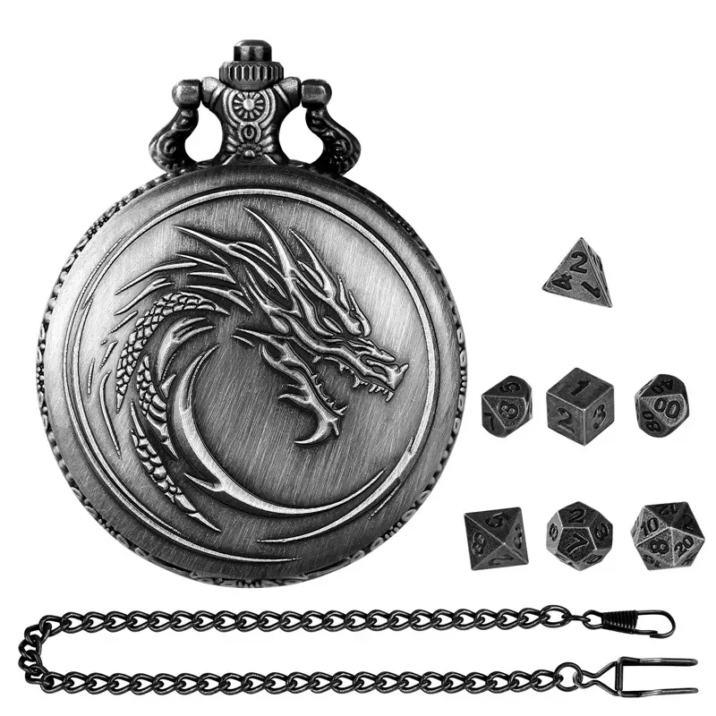 Vintage Dragon Totem Pattern Pocket Watch Case Pendant Chain 7 x Tiny Polyhedral Metal Dice Set Gaming Accessory for Role Play