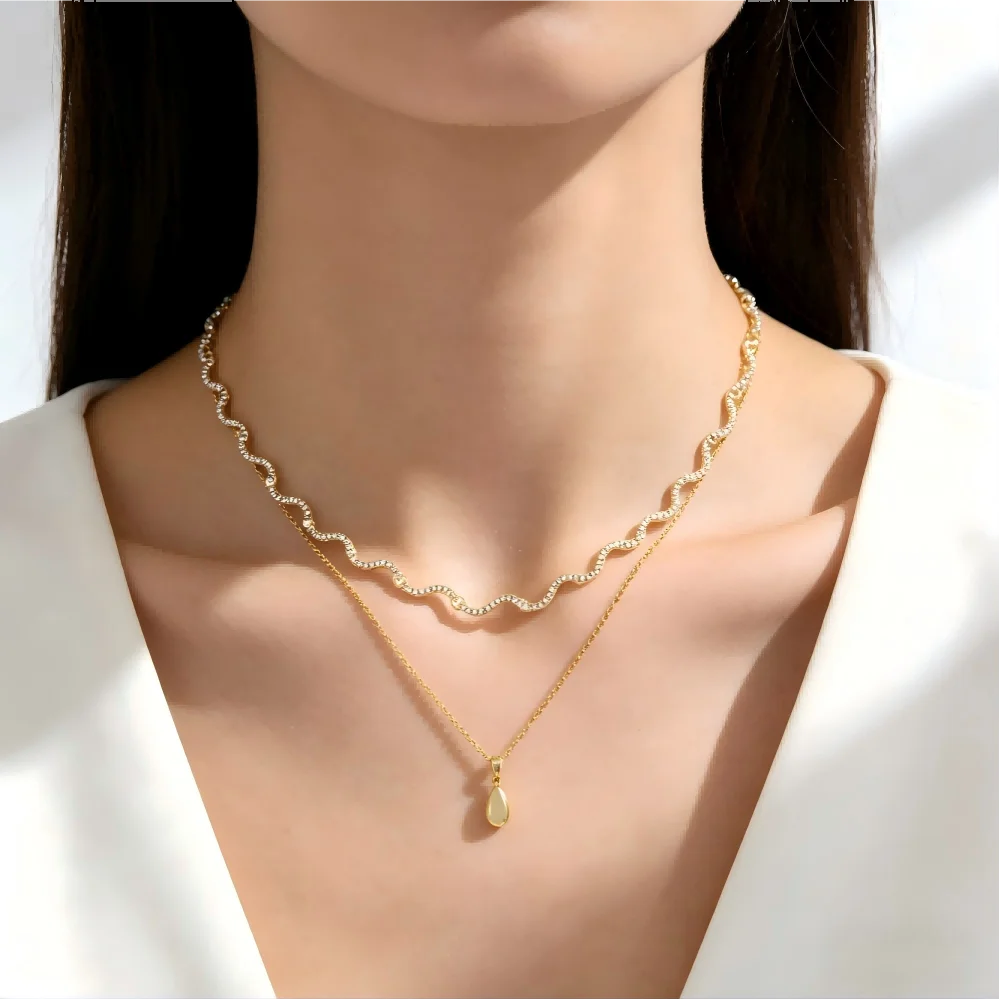 New Arrival Bezel Set 5A Cubic Zirconia Geometric Wave Tennis Necklaces for Women 18K Gold and Platinum Color Fashion Jewelry