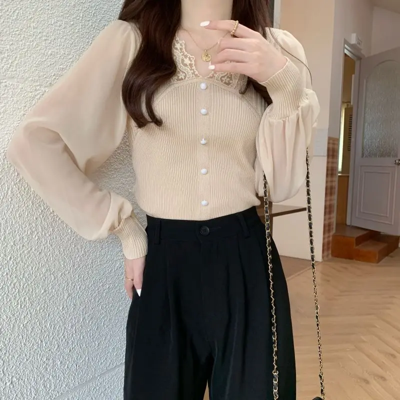 Spring Autumn New Solid Color Fashion Long Sleeve Sweater Women High Street V-neck Lace Patchwork Pullovers Elegant Slim Tops