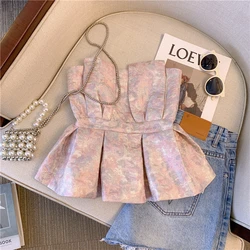 Fashion Floral Print Strapless Vest Women 2025 Summer New Sexy Off-shoulder Slim Crop Top French Chic Versatile Top Streetwear