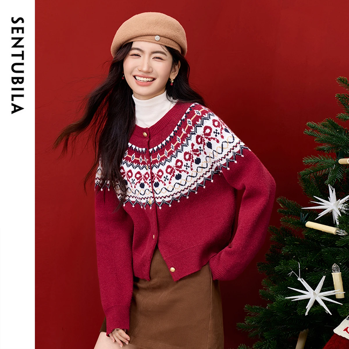 

SENTUBILA Christmas Cardigan for Women 2025 Autumn Winter Single Breasted Long Sleeve Knit Tops Casual Ladies Knitwear W53EB3372