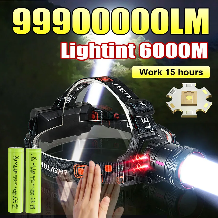 99900000LM Most Powerful Headlamp Long Range 6000M Rechargeable LED Headlights 18650 Camping Fishing Head Flashlight Lantern