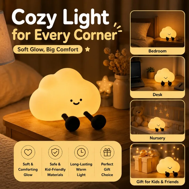 Soft Silicone Cloud Night Light Bedside Lamp for Baby Feeding Kids Room Eye-Care 3-Level Dimmable Timer Touch Sensor Decor