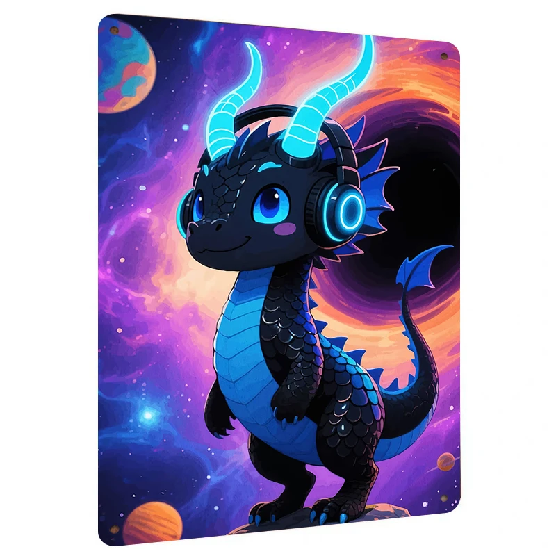 Galaxy Cute Dragon Headphone LED Metal Wall Art Kids Room Decor Cartoon Hanging Painting