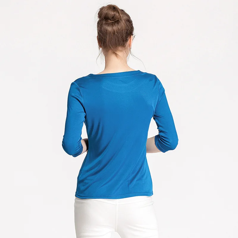 Birdtree Silk Blended Knitted Solid T-shirts, Slash Neck Loose Women's Casual Basics Tees, Fall Winter New Tops T39355QM