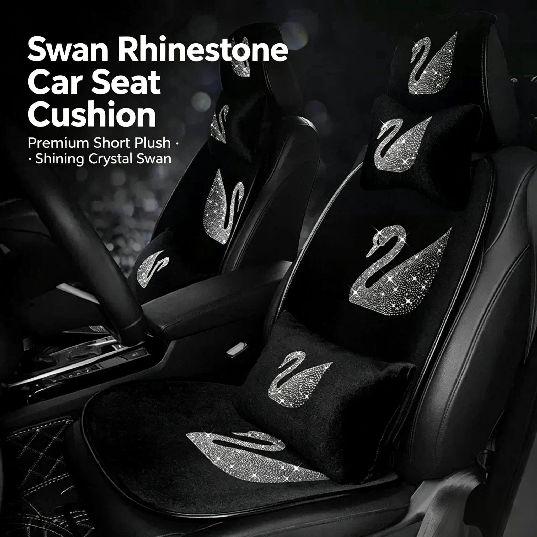 Women Rhinestone Car Accessories Set, Universal Polyester Diamond‑encrusted Car Seat Covers, Swan Pattern Cushion, Lumbar Suppor