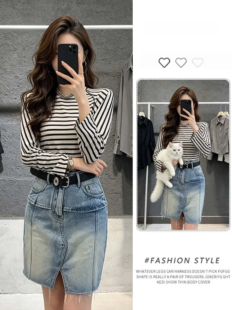 

Slimming Stripe Long Sleeve T-Shirt And High Waist Short Jeans Two Piece Set for Women Casual Comfortable Summer Fashion