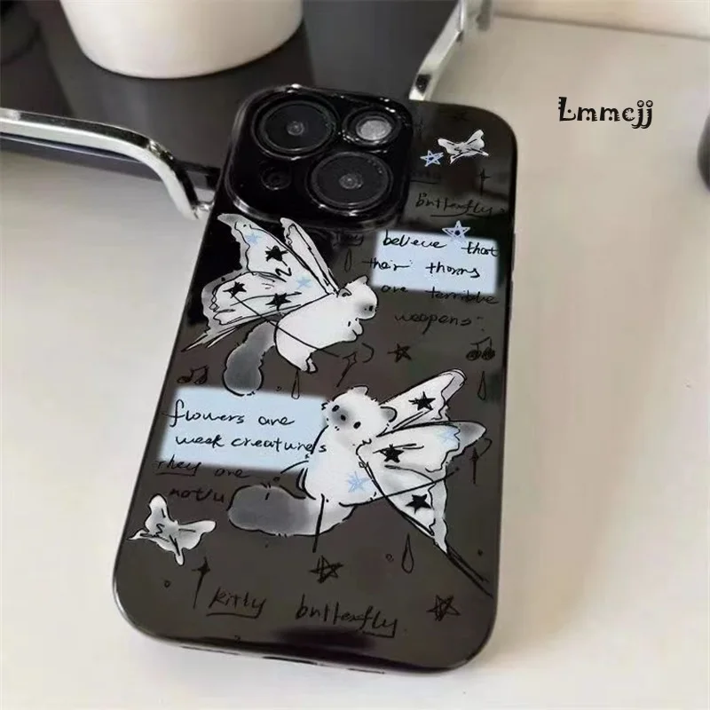 Lmmcjj Butterfly Cat Phone Case For iPhone 11 Pro Max 13 12 Mini 14 Plus 15 XR X XS 7 8 Se 2020 Silicone Phone Cover iPhone Case