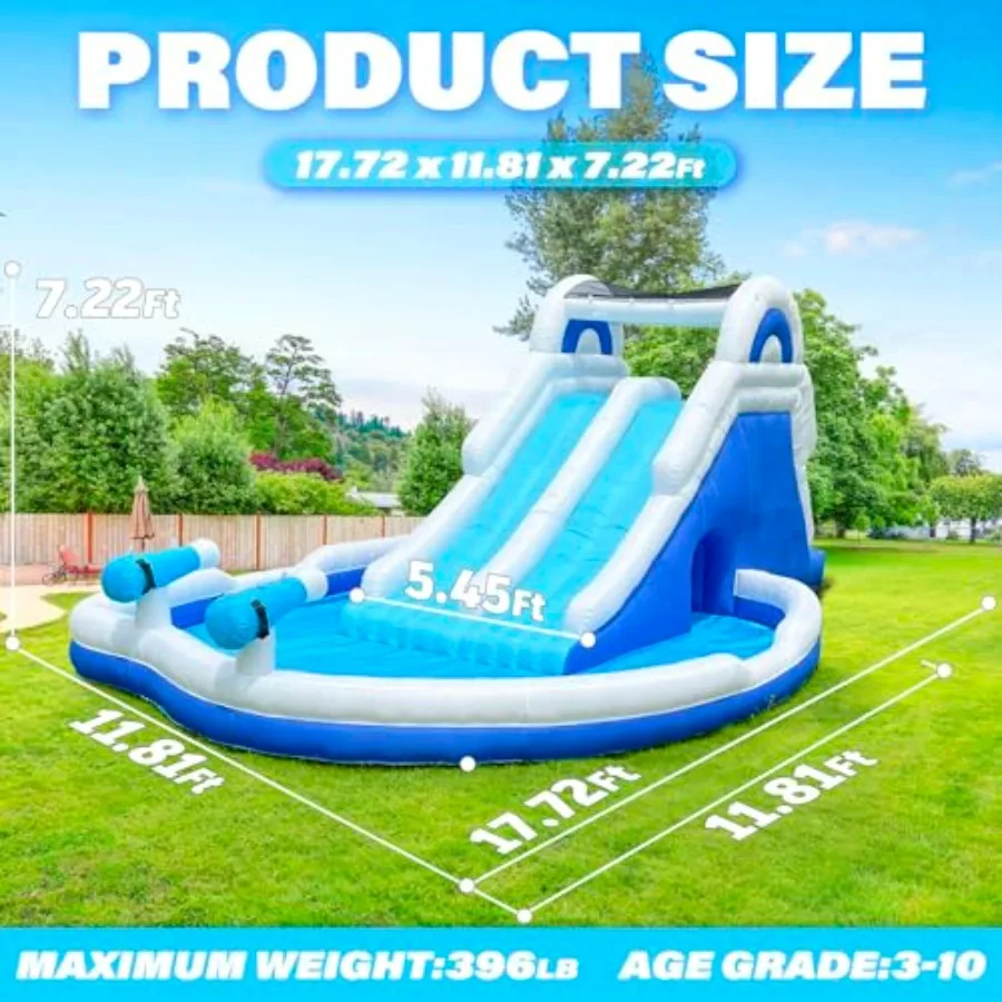 Inflatable Double Water Slide-17.7FT Large Climber Inflatable Water Park for Big Kids 5-10-Huge Splash Pool-Easy to Set Up & Inflate with Air Blower,Carrying Case,Water Pipe,Storage Bag-Bule