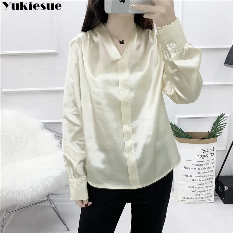 Primavera Outono Nova manga comprida imitação de seda moda temperamento simples elegante pendulares estilo versátil diária camisa Chiffon