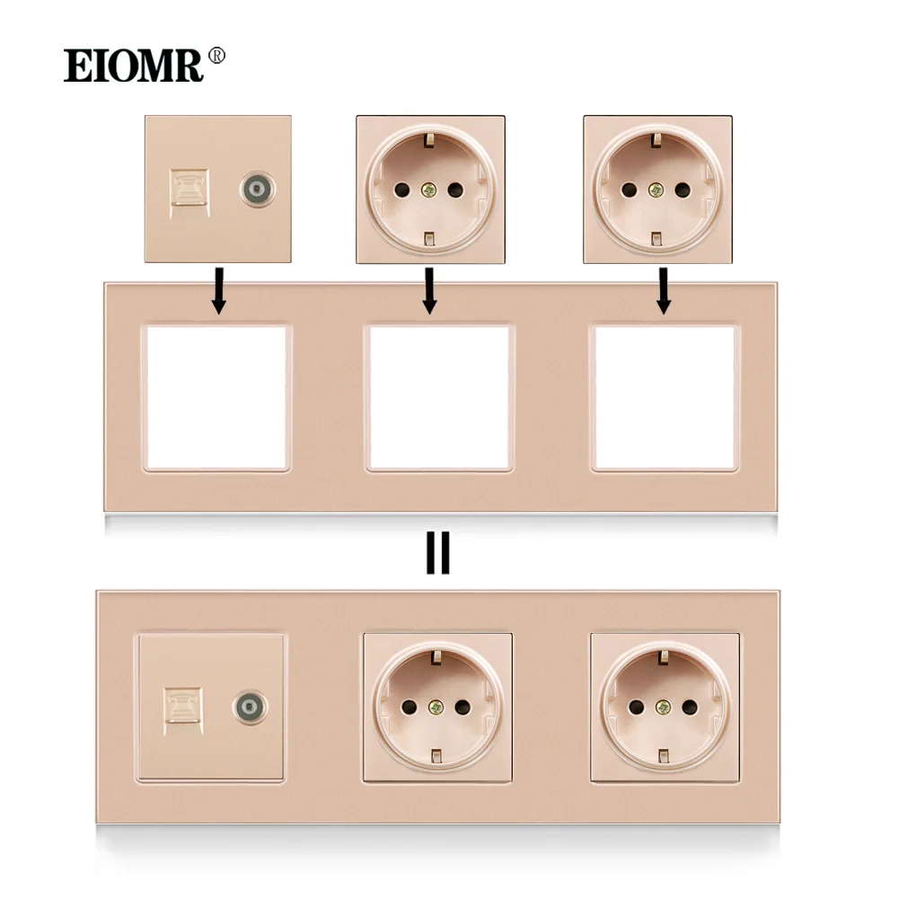 EIOMR Wall-mounted Module DIY EU Standard Gold Flame Retardant PC Panel Power Socket Switch Button Function Parts Combination