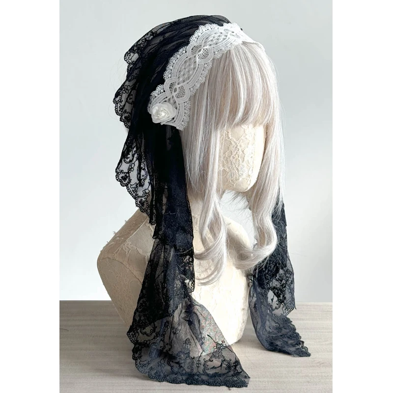 

Японский оригинальный дизайн, черно-белая повязка на голову в стиле монахини в стиле Лолиты, готический кружевной сетчатый головной убор, субкультура Y2k, головной платок, индивидуальный платок для девочек