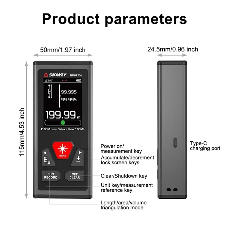 SNDWAY SW DR60 DR100 Bilateral Laser Rangefinder Two-way Laser Distance Meter Red Laser Measure Digital Range Finder