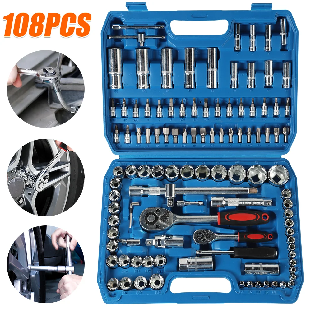 [UK STOCK] 108pcs Socket Wrench Set Car Repair Tools Ratchet Spanner Wrench Set Ratchet Spanner Screwdriver Bits Hardware tools