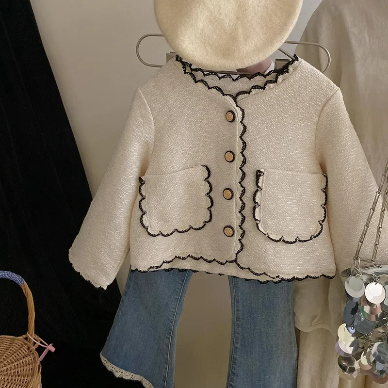 Coats Korean Childrens Clothing Autumn Season New Girls Open Stitch Lace Flower Edge Soild Sweet Versatile Style