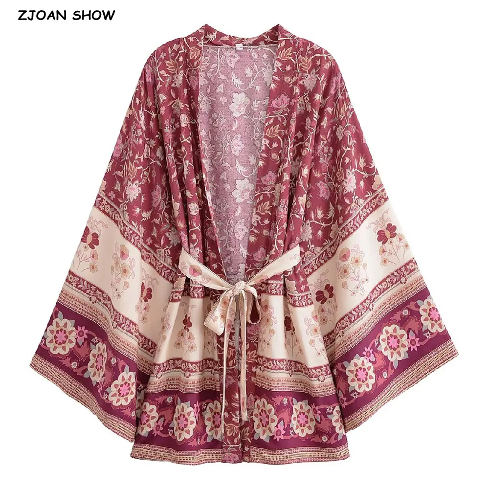 2022 BOHO Women Contrast Flower Print Kimono Shirt Holiday Tide Bow Sashes Mid Long Cardigan Summer Blouse Cotton Beach Tops