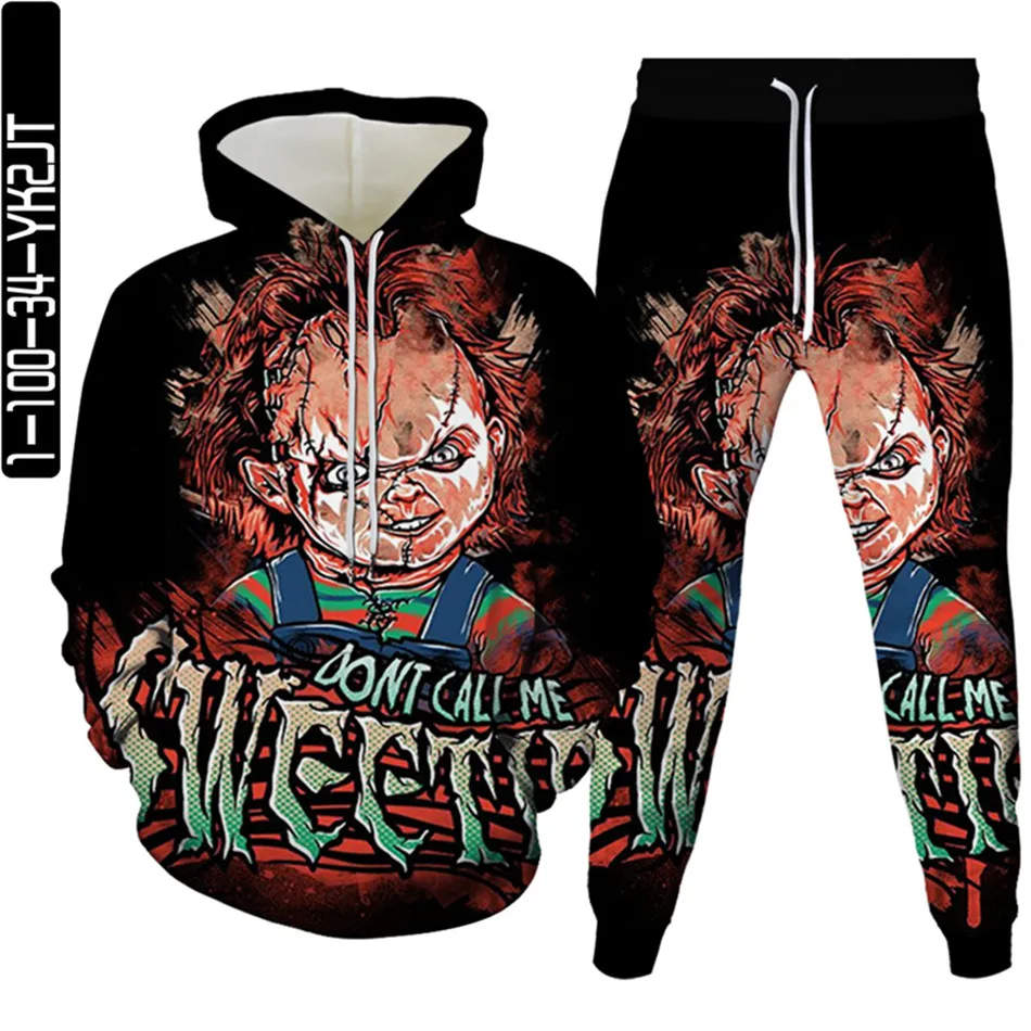 Horrorfilm Chucky Anime Print Mannen Trainingspak Kleding Plus Size S-6XL Vrouwen Halloween Punk Hoodies Broek 2Pcssuits Sportwea