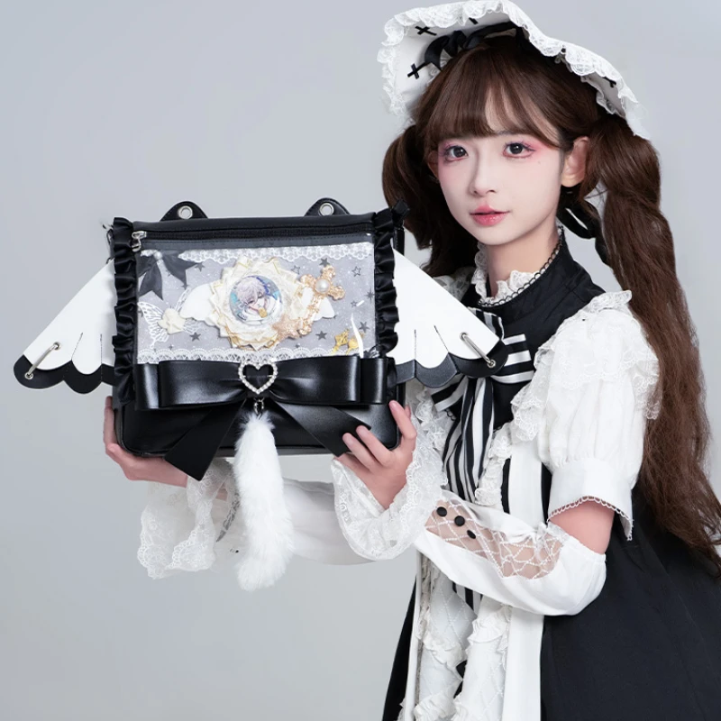 Original Y2k Japanese Lolita Black Backpack College Style Cute Sweet Soft Girls Student Kawaii with Wings Bow Tail Handbag