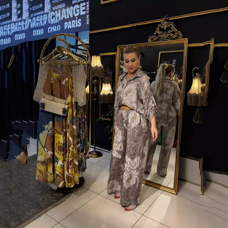 

Irregular Print Two Piece Sets For Women Simple Turn Down Collar Button Slim Top And Elastic Waist Straight Trousers Pants Set