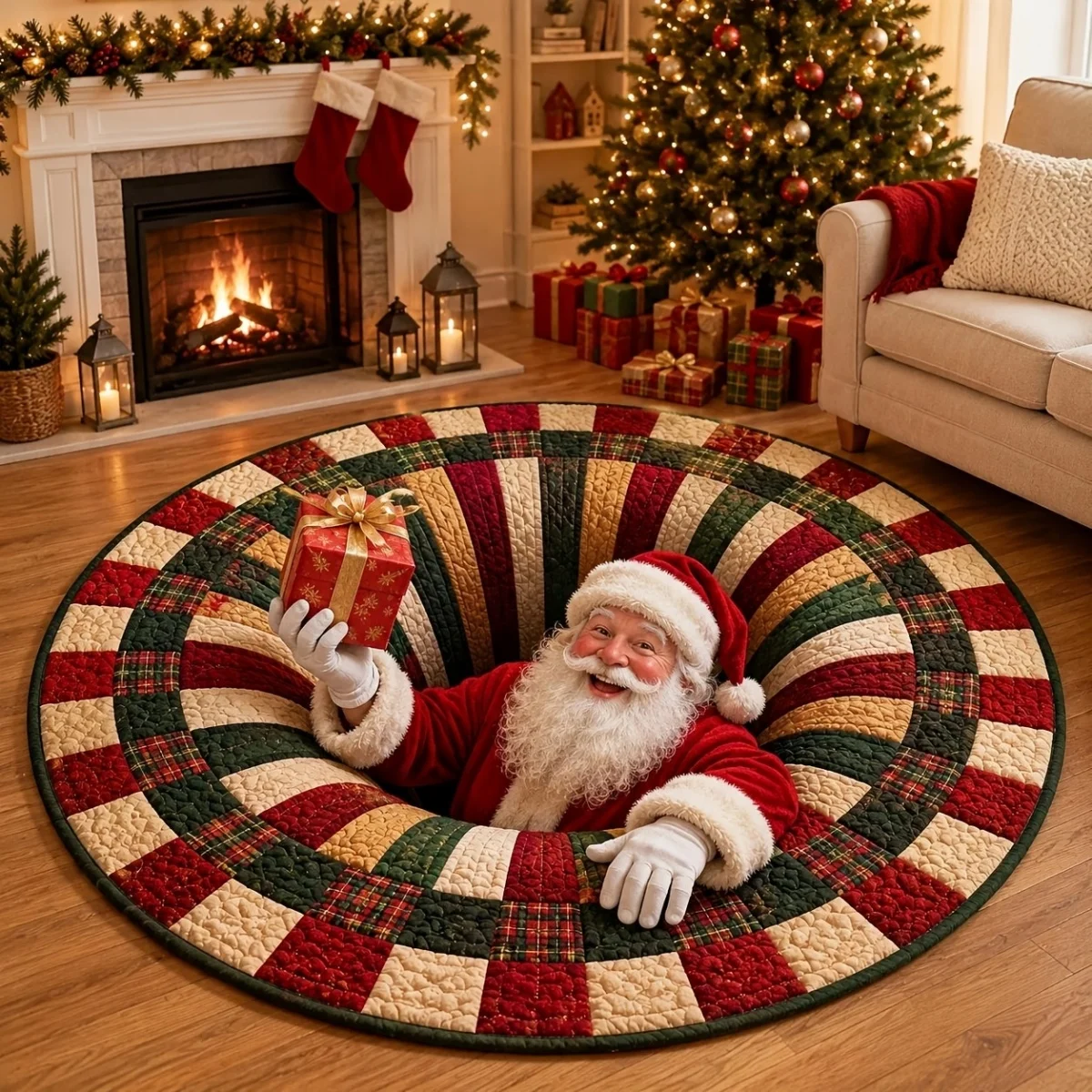 Santa North Pole Snow Town 3D Visual Illusion Round Carpet, Snowman Reindeer Pet Print Non Slip Washable Floor Mat, Winter