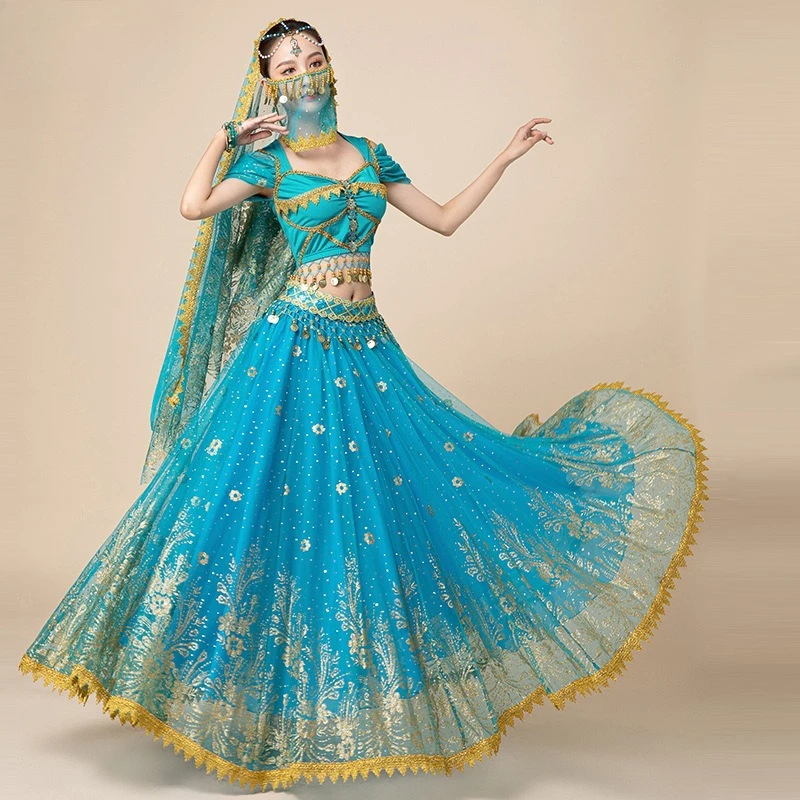 Disfraz de Danza del Vientre para Mujer, Top y Vestido para Halloween, Festival, Cosplay, Adulto, Estilo Indio Árabe, Sari Jasmine, Fantasía, Rave, Bollywood, Actuación