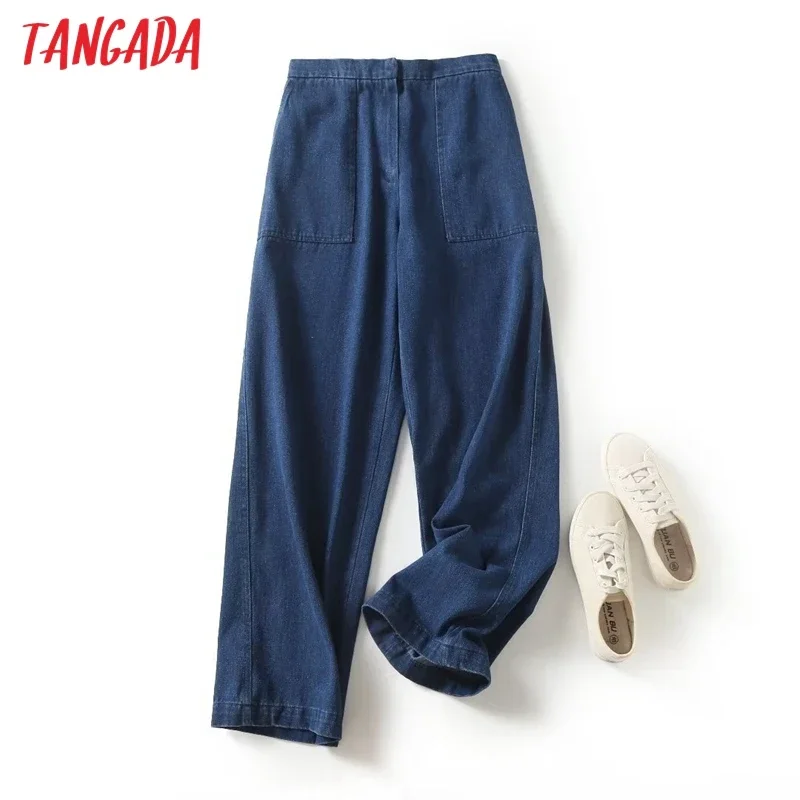 Tangada 2023 Women Blue Jeans Pants Trousers Pocket Strethy Waist Female Wide Leg Denim Pants 4C354