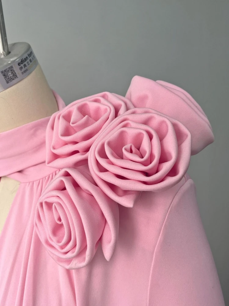 Women Flare Sleeve Pleated 3D Flower Dress Sexy Pink Deep V Neck Long Sleeve Split Long Dresses Elegant Evening Party Gowns