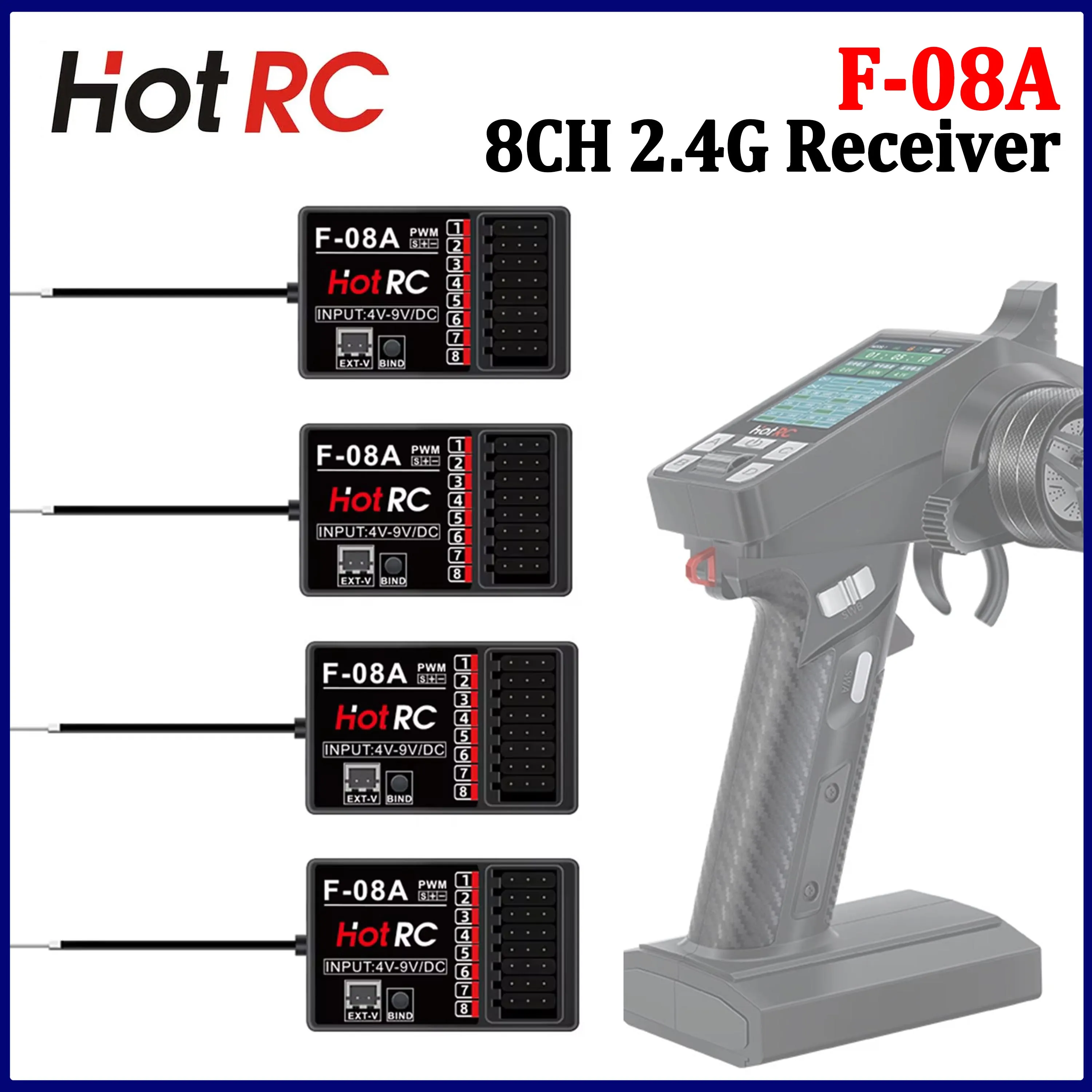 HOTRC F-08A 8CH 2.4G PWM Receiver with Voltage Return 4-9V for Remote Controller CT-10B DS650 HT-10A CT-8A HT-8A Transmitter