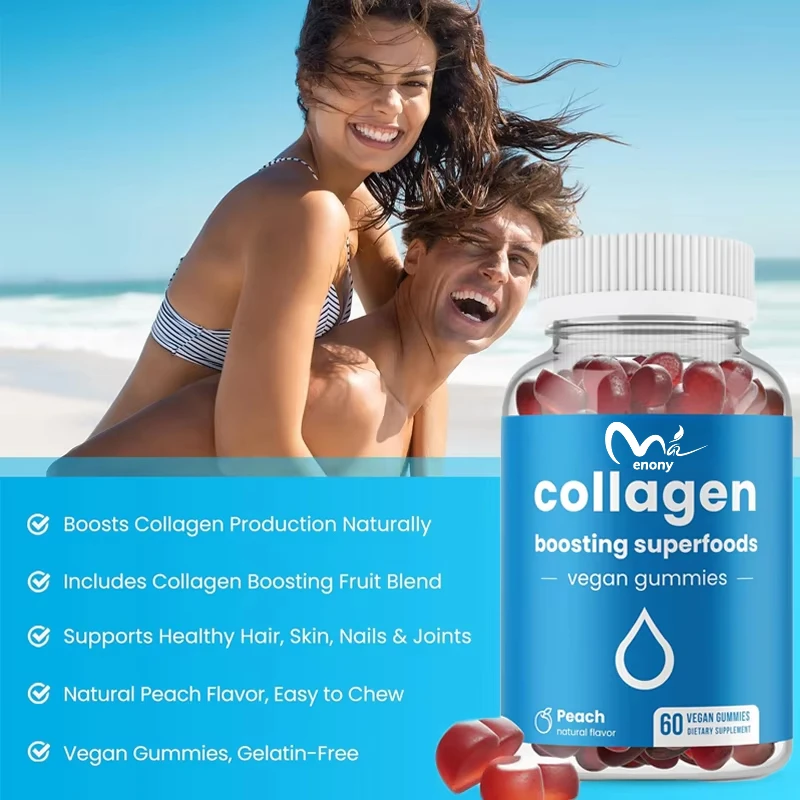 Natural collagen production supports hair, skin, nails, and joint health with 60 peach vitamin vegetarian gummies