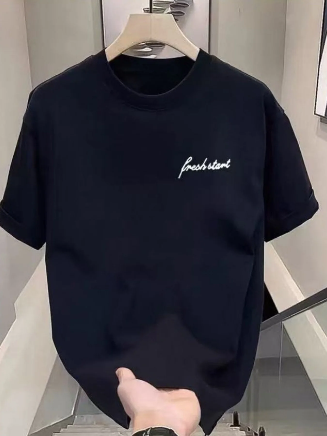100% Pure Cotton Premium Men Tee, Soft High-End Texture, Minimalist Fresh Start Letter Print, Breathable Thick Loose Casual Tops