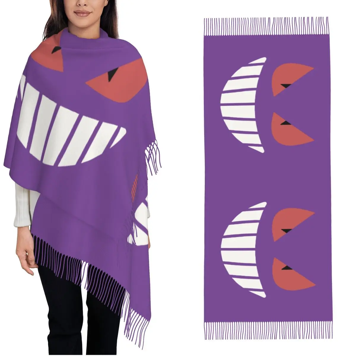 Womens Scarf with Tassel Pokemon Gengar's Face Large Winter Fall Shawl and Wrap Cartoon Anime Game Daily Wear Pashmina Scarves