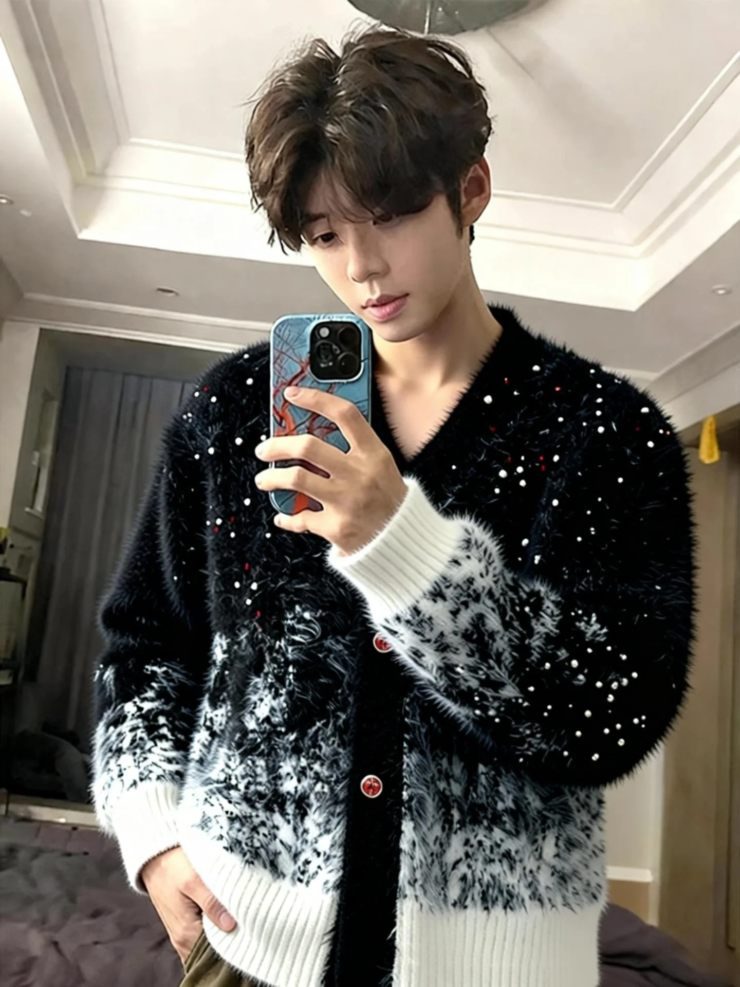 

Cisas Aosphere красный вязаный свитер из искусственного меха, мужской зимний цвет adient, верхняя одежда с v-образным вырезом и бриллиантами