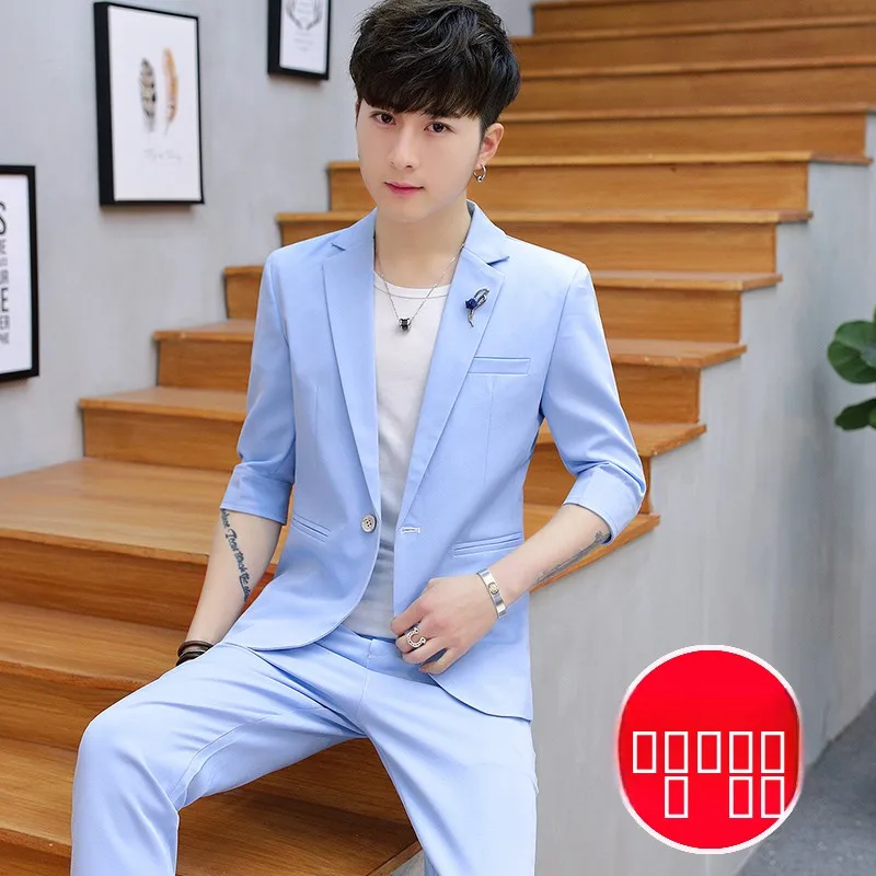 

Casual Slim Fit Men's Suit Set Korean Style Trendy Jacket Spring Summer Seven-Quarter Sleeve Youthful Handsome Regular Length