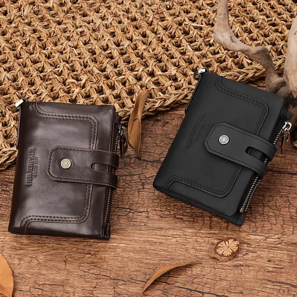 Nature Cowhide Leather Men Wallet RFID Billfold Credit Card Holder Zipper Coin Purse Handmade Vintage PORTFOLIO Portomonee