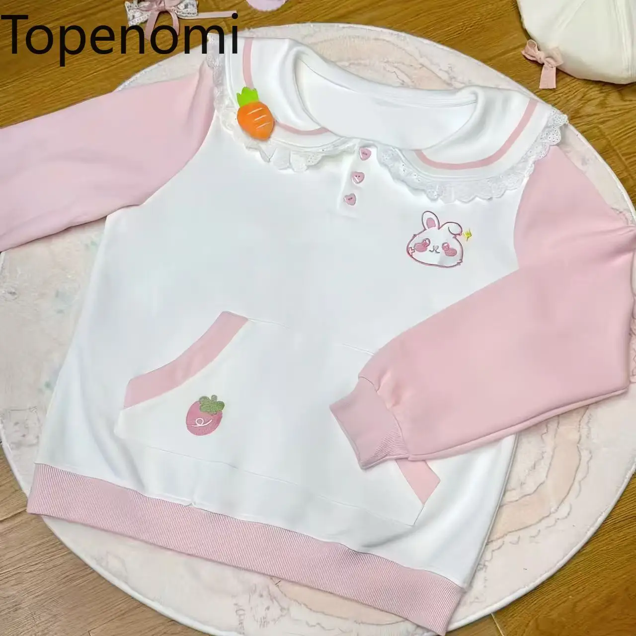 

Женская толстовка Topenomi с принтом милого японского кролика, кружевным морским воротником, свободного кроя, новинка 2026 года, в стиле аниме, кавайная, сладкая, Y2K, гранж-худи