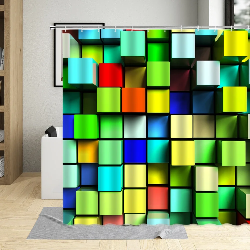 Colorful Cube Geometric Print Shower Curtain, Art Design, Background Decor, Cloth Screens, Waterproof Fabric, Bath Curtains Hook