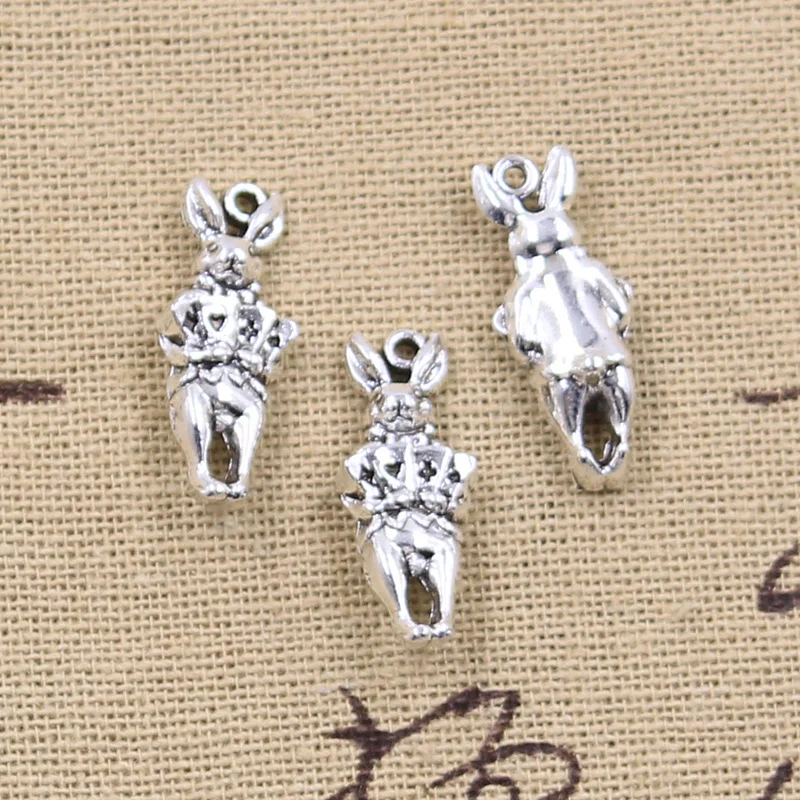 15pcs Charms Rabbit Holding Playing Cards 22x9mm Antique Silver Color Pendants DIY Making Findings Handmade Tibetan Crafts