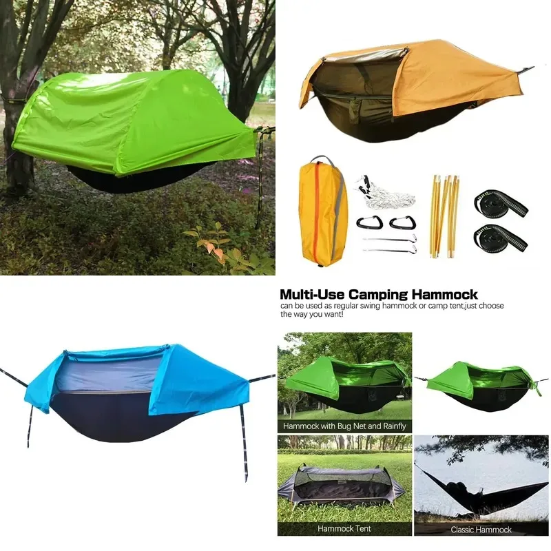 1-2 Person Camping Hammock Tent with Durable Fabric Mosquito Net Rain Fly Backpack Bed Tree Belt