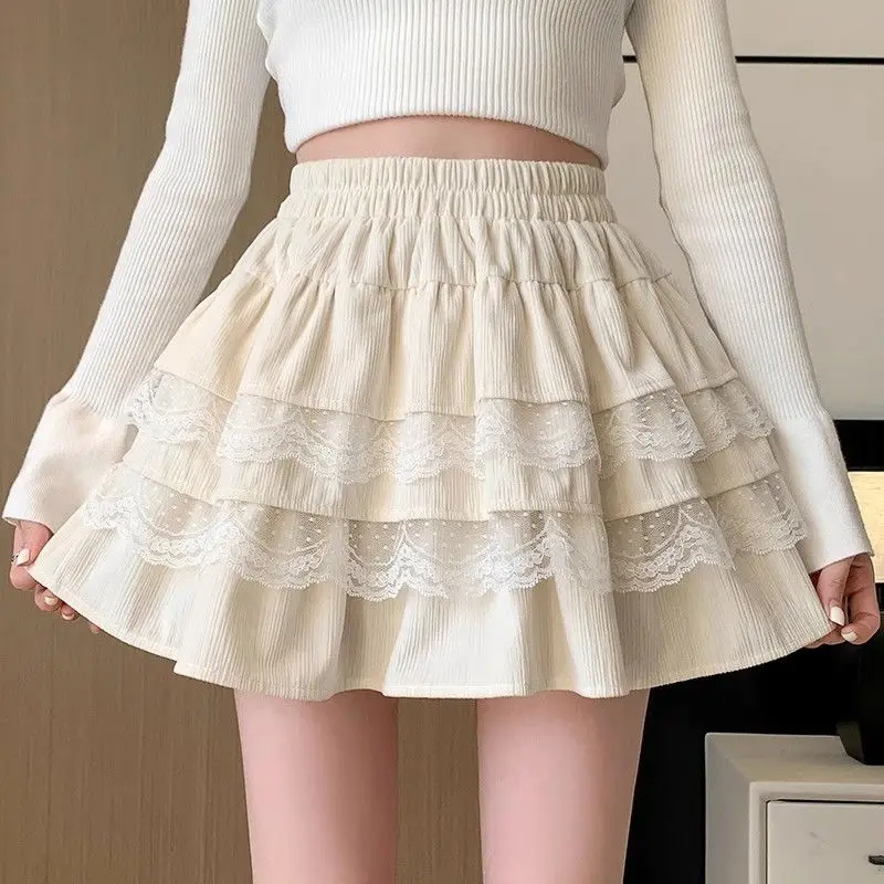 Lace Midi Skirt Spring and Autumn Dress Female Korean Version Student High Waist Splicing A-Line Cake Fluffy Skirt