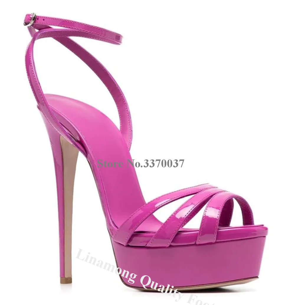 Linamong Sexy Straps Cross High Platform Stiletto Heel Sandals Peep Toe Green Yellow Pink Patent Leather Thin Heel Dress Shoes