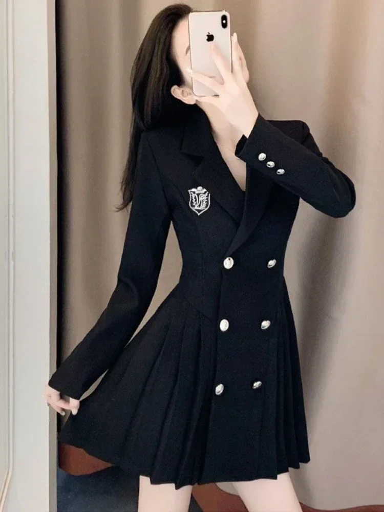 Office Solid Color Preppy Style Chic Button Casual Female Dresses Autumn New Black Double Breasted Loose Fashion Women\'s Dress