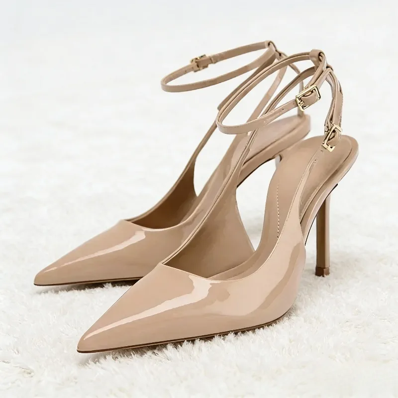 Zapatos de tacón de charol desnudo con hebilla y correa en el tobillo para mujer, tacones de aguja sexis con punta estrecha, tacones de aguja para verano, zapatos de fiesta, Sandalias