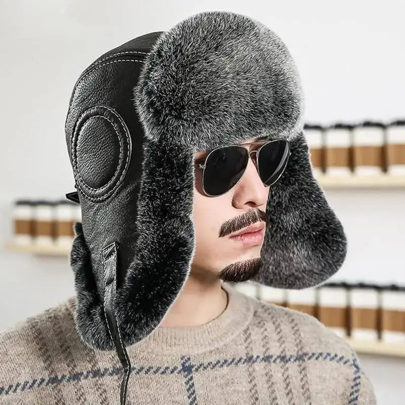 Real Rex Rabbit Fur Lei Feng Hat For Men Winter Warm Fur Hat Outdoor Thickened Ear Protection Cap Russian Natural Fur Flight Cap