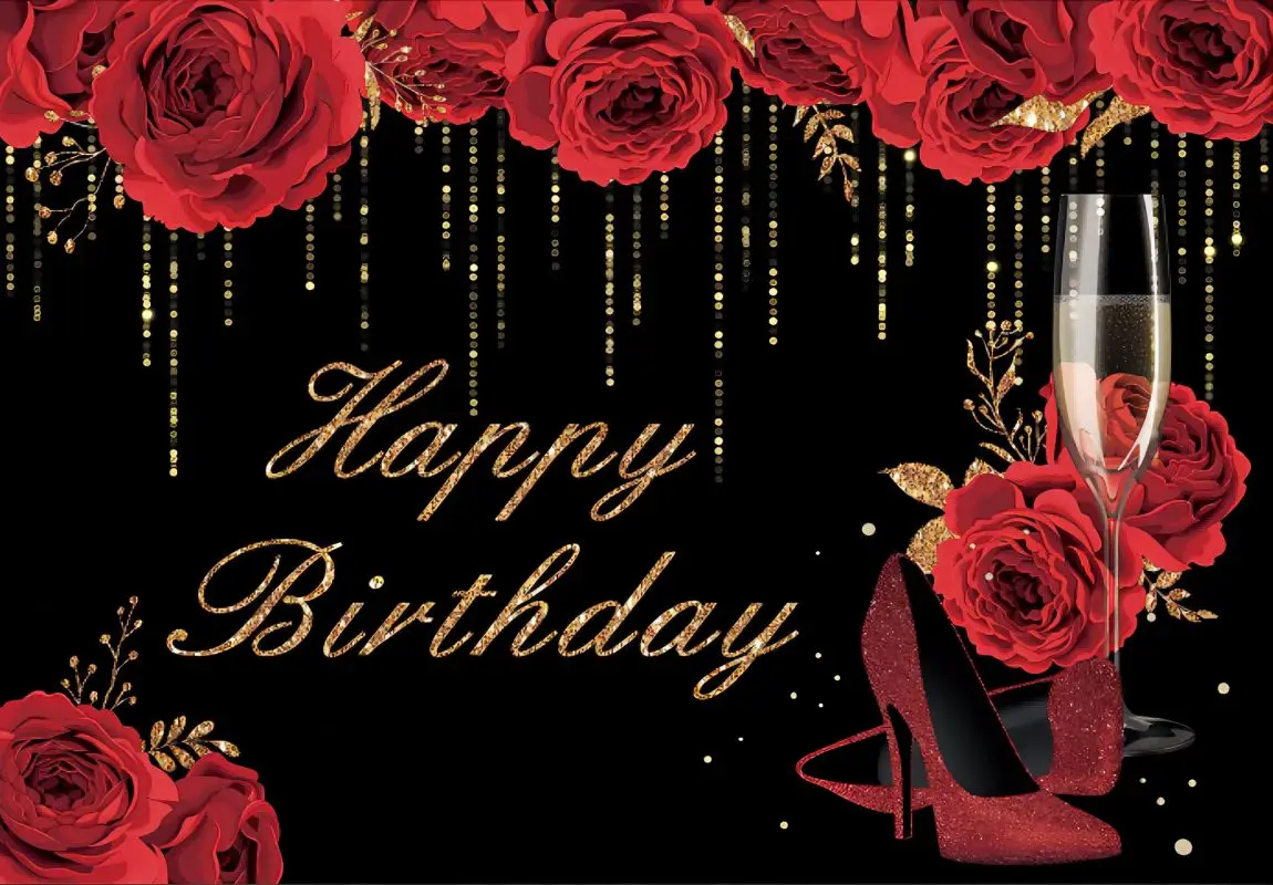 Happy Birthday Backdrop Women Red Flowers Glitter Stiletto Champagne Heel Photography Background 3450th Banner Party Decorations