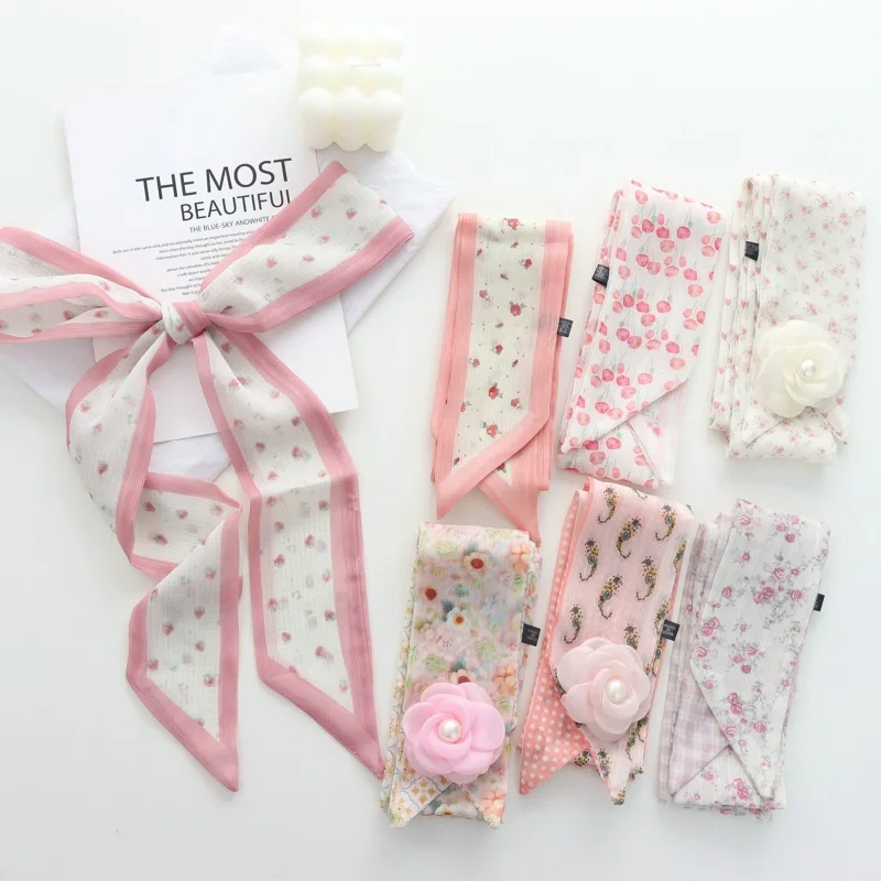 

Simple Floral Small Silk Scarf Hair Band Rose Flower Three-Dimensional Strip Small Scarf Versatile Summer Sweet Cute Headband