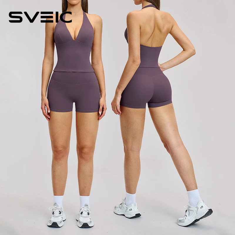 SVEIC Women's Gym Set 2 Piece Halter neck Deep V Sports Bra High Waisted Shorts Biker Fitness Workout Suit Running Yoga Clothing