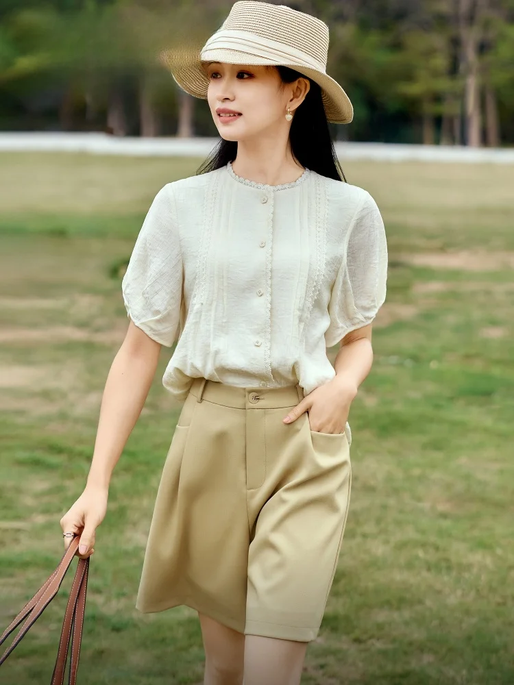 

Rural Style Lace Trim Short Sleeve Stand Collar Shirt Small Size Elegant Top Seven Tailoring One Cut Summer Commute Lady Shirt