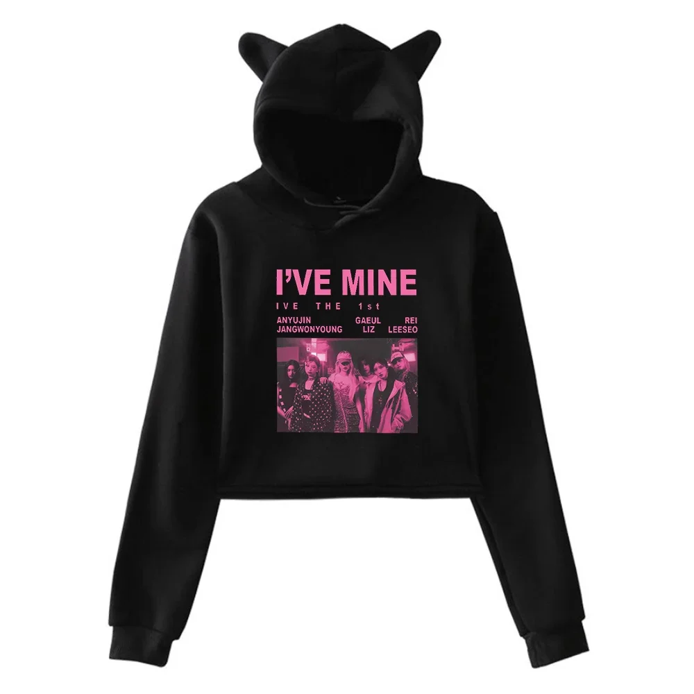 

KPOP I'VE MINE Album Crop Top Hoodie for Girls 2024 IVE The 1st World Tour Kawaii Cat Ears Harajuku Cropped Sweatshirt